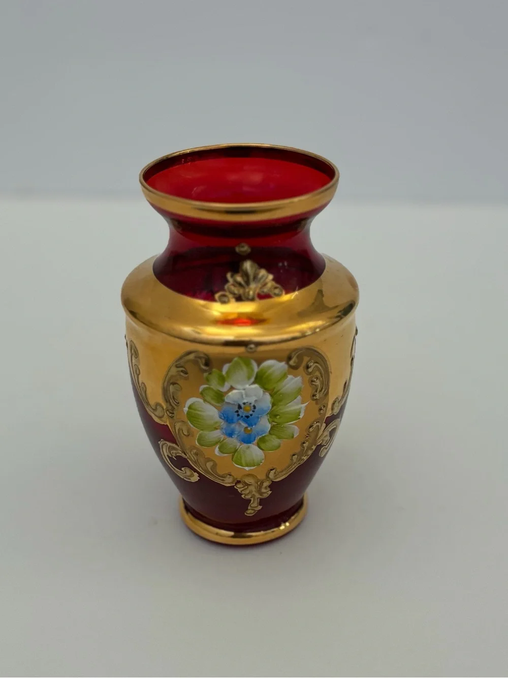 Vintage Murano Ruby Red Glass Vase Floral Design Gold Trim 4.5”